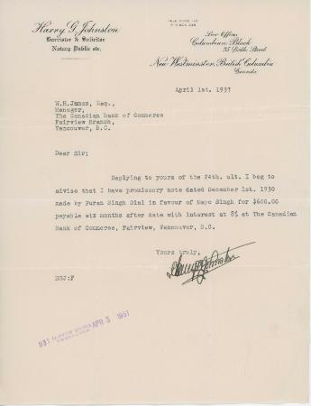 [Letter from Harry. G. Johnston, Barrister & Solicitor, to W. H. James, Manager at The Canadian Bank of Commerce]