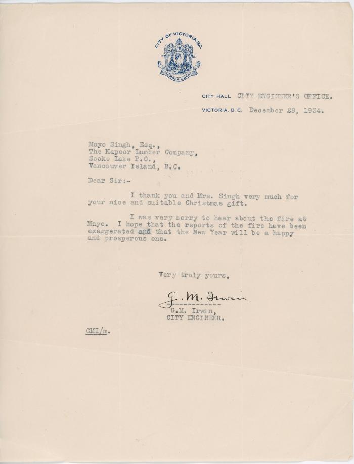 [Letter from G. M. Irwin, City Engineer, City of Victoria, to Mayo Singh]