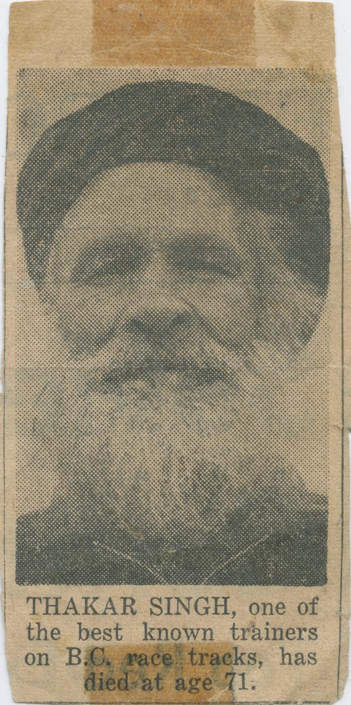 [Newspaper clipping on Thakar Singh's demise at the age of 71]