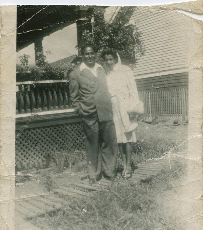 [Wedding photo of Banto Gill and Phangan Singh Gill in front of the Queensborough home of Gurdas Singh and Bhani Kaur Johal]