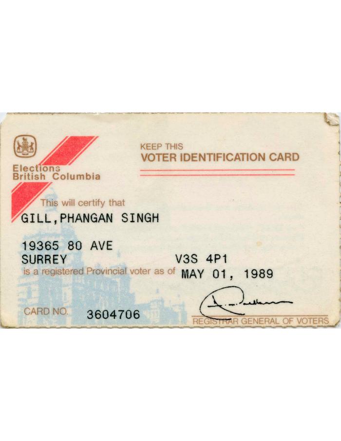 [Elections British Columbia Voter Identification Card of Phangan Singh Gill]