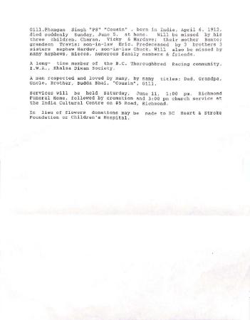 [Memorial document dedicated to Phangan Singh Gill]