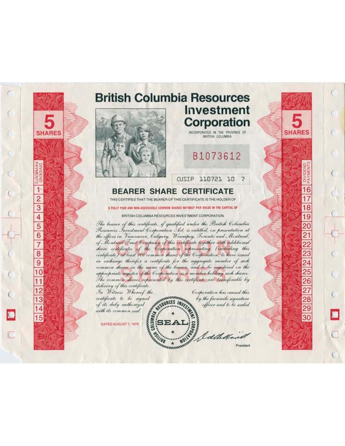 Bearer Share Certificate of Britih Columbia Resources Investment Corporation