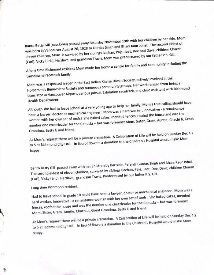 [Memorial note regarding Banto (Betty) K. Gill]