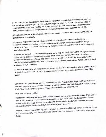 [Memorial note regarding Banto (Betty) K. Gill]