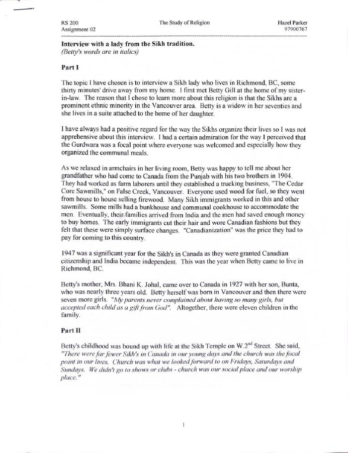 Interview with a lady from the Sikh tradition by Hazel Parker