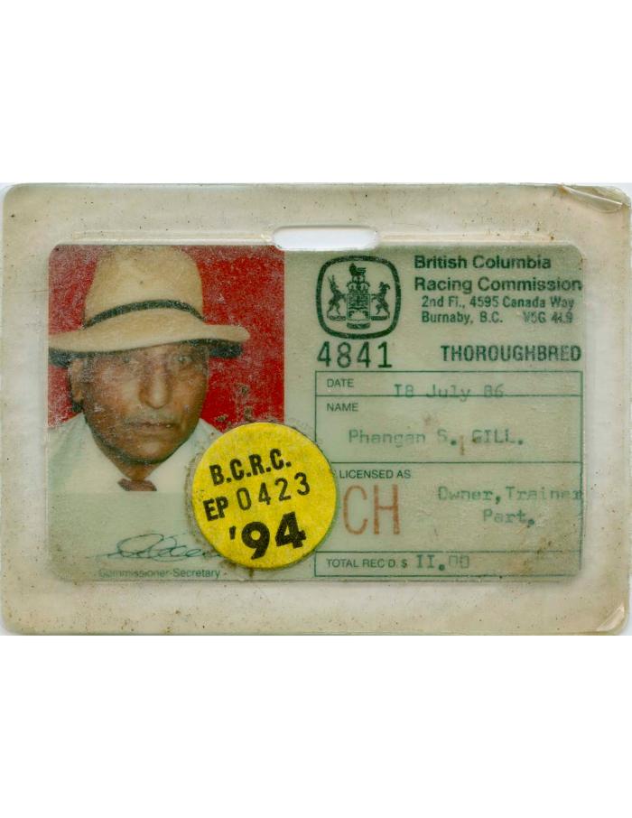 [Identification card of Phangan Singh Gill issued by the British Columbia Racing Commission]
