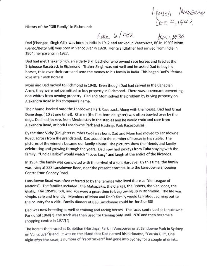 History of the "Gill Family" in Richmond
