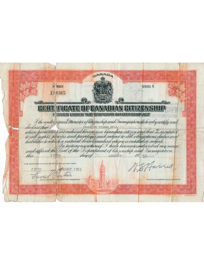 [Certificate of Canadian Citizenship of Phangan Singh Gill]