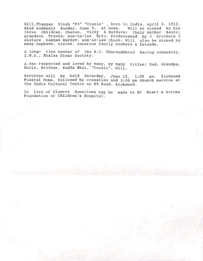 [Memorial document dedicated to Phangan Singh Gill]