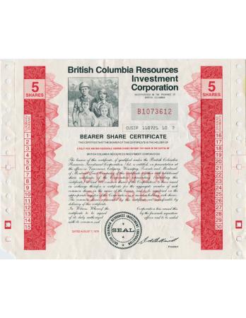 Bearer Share Certificate of Britih Columbia Resources Investment Corporation