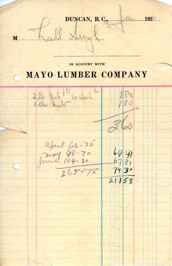 [Receipt from Mayo Lumber Company to Lall Singh]