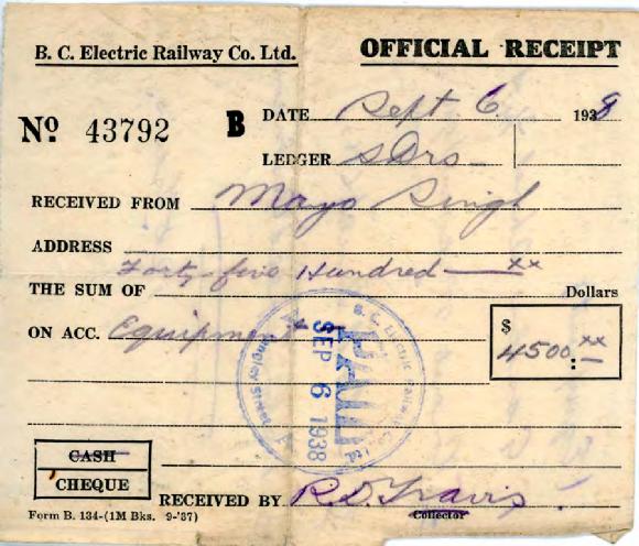 [Receipt from B.C. Electric Railway Co. Ltd. to Mayo Singh]