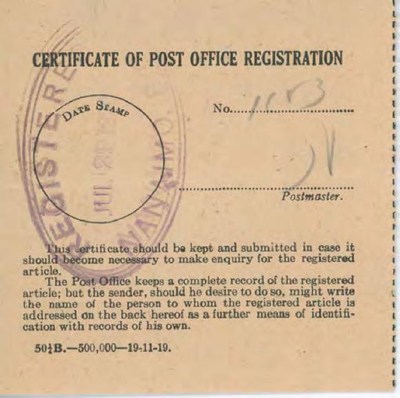 [Certificate of Post Office Registration]