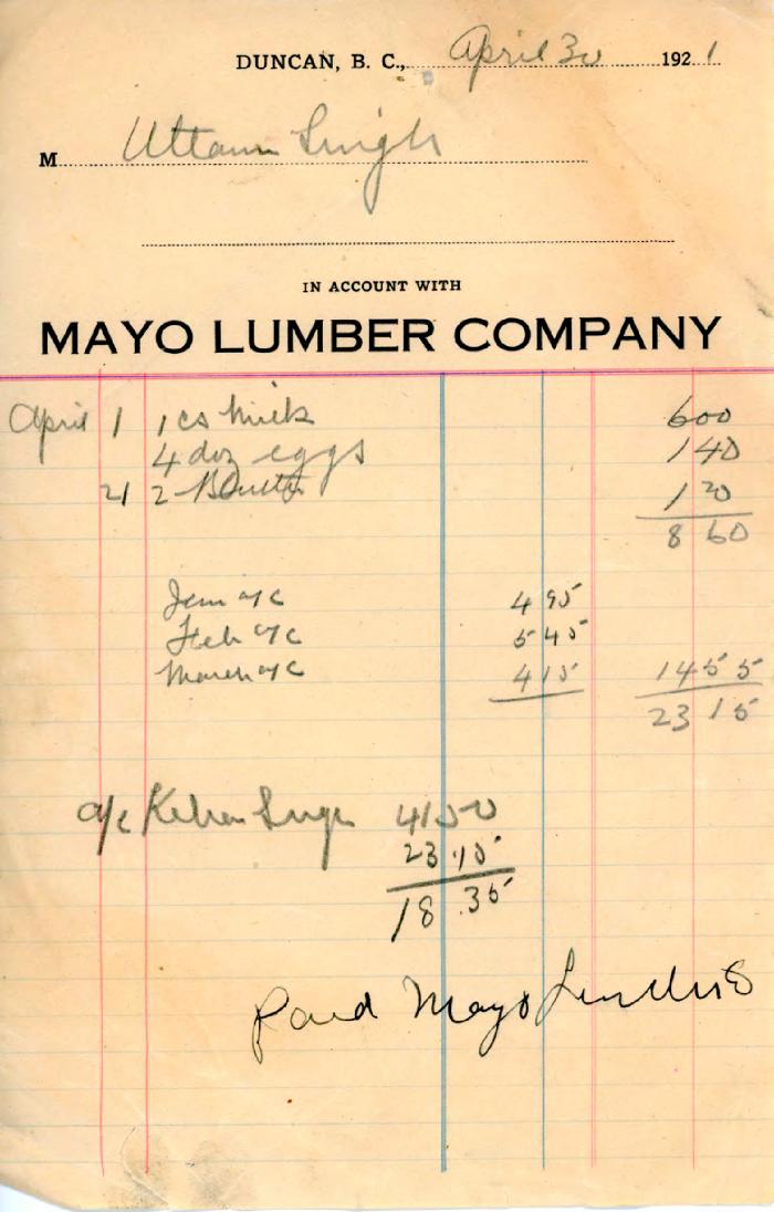 [Receipt from Mayo Lumber Company to Uttam Singh]
