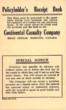 [Policyholder's receipt book issued by the Continental Casualty Company]