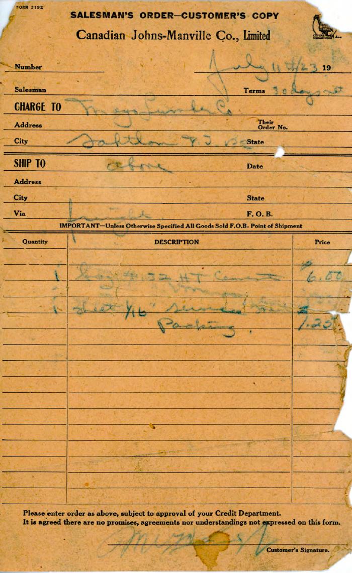 [Receipt from Canadian Johns-Manville Co. Limited to Mayo Singh Co.]