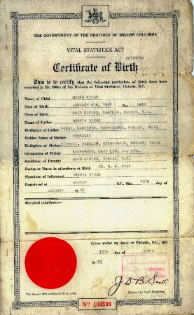 [Certificate of Birth of Mohan Singh]