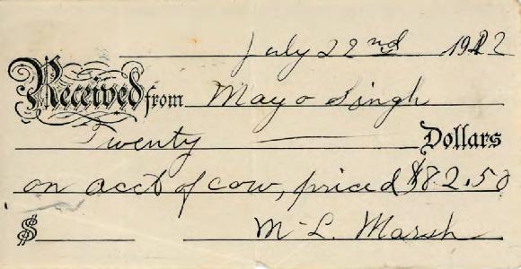 [Receipt from M. L. Marsh to Mayo Singh]