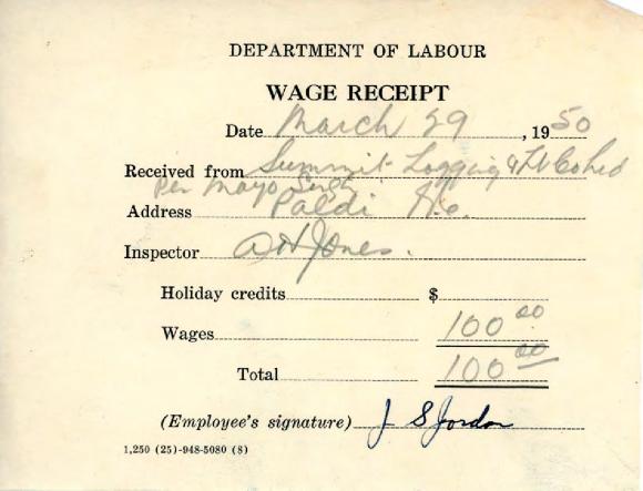 [Wage receipt from the Department of Labour to  Summit Logging Timber Co. Ltd.]