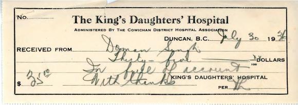 [Receipt from The King's Daughters' Hospital to Doman Singh]