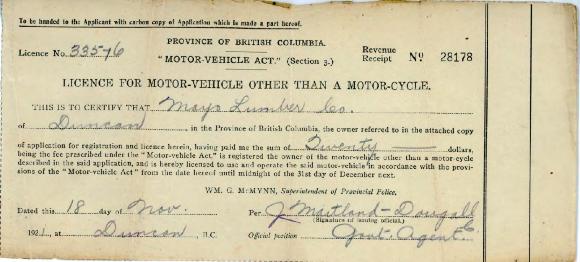 [Licence for motor vehicle for Mayo Lumber Co.]