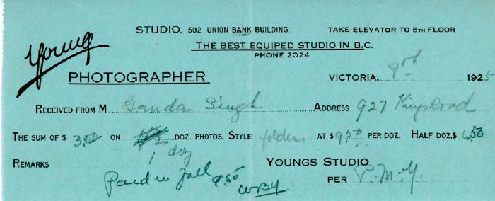[Receipt from Youngs Studio to Ganda Singh]