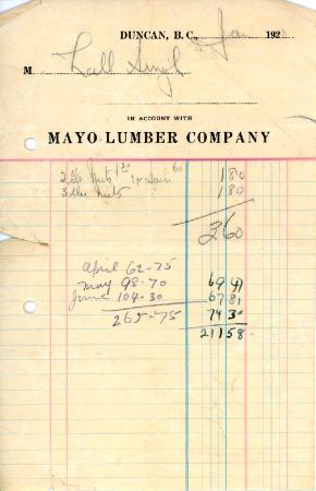 [Receipt from Mayo Lumber Company to Lall Singh]