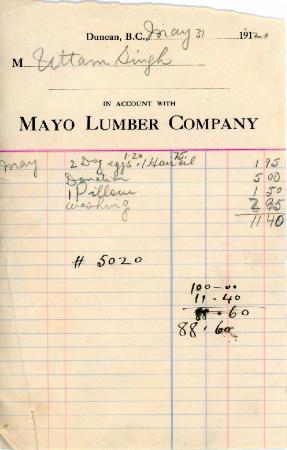 [Receipt from Mayo Lumber Company to Uttam Singh]