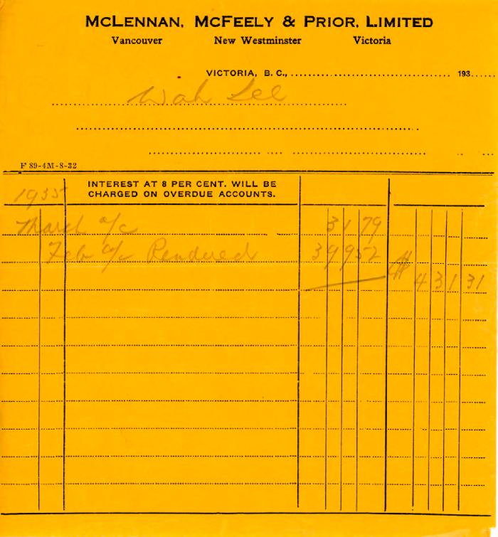 [Receipt from McLennan, McFeely & Prior, Limited to Wah Lee]