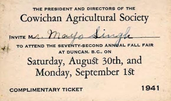 [Complimentary ticket for the seventy-second annual fall fair organised by the Cowichan Agricultural Society]