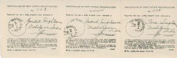 [Certificate of Post Office Registration addressed to Gurditt Singh Banca, Nand Singh Banca, and Tara Singh Banca]