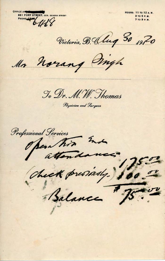[Receipt from Dr. M. W. Thomas to Norang Singh]
