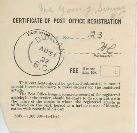 [Certificate of Post Office Registration addressed to Mr. Young Simons in Duncan]