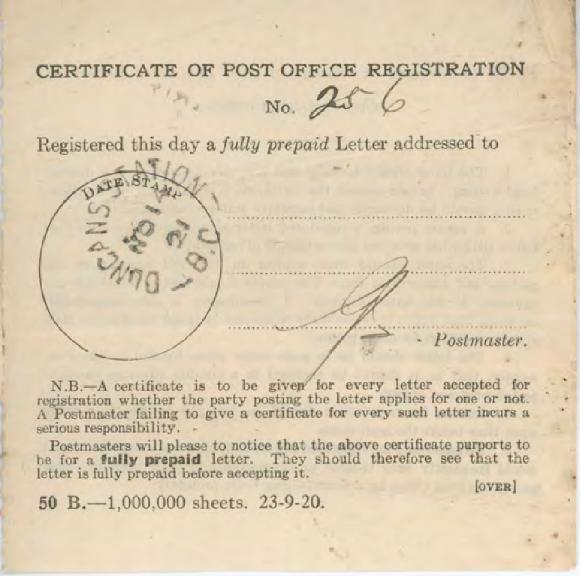 [Certificate of Post Office Registration]