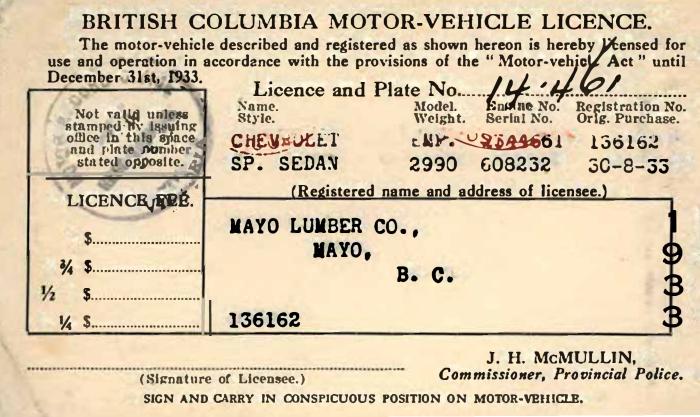 [British Columbia Motor Vehicle Licence of Mayo Lumber Co.]