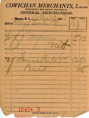 [Receipt from Cowichan Merchants Limited to Mayo Singh]