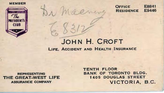 [Business card of John H. Croft, The Great-West Life Assurance Company]