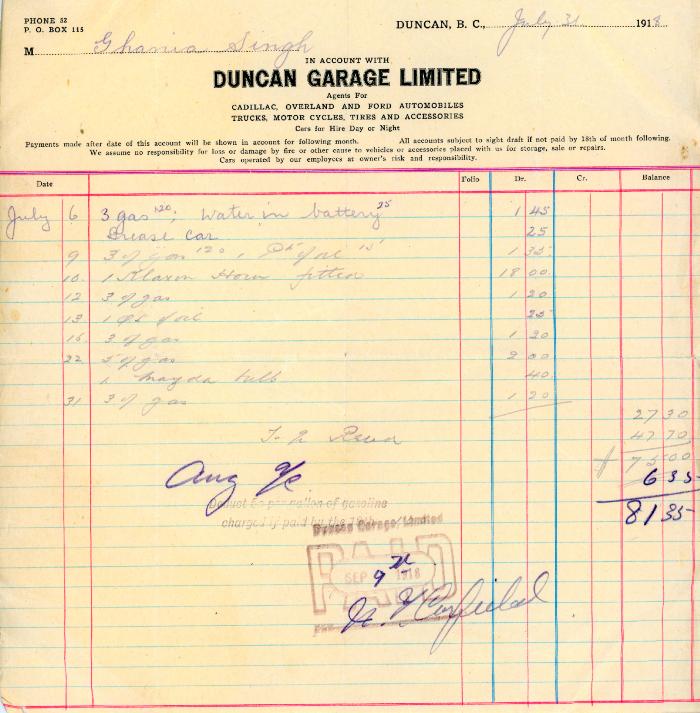 [Invoice from Duncan Garage Limited]
