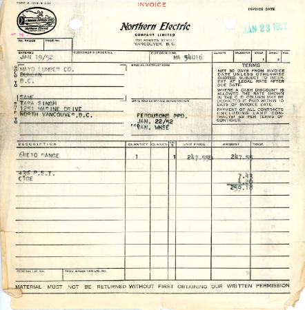 [Invoice from Northern Electric Company Limited to Mayo Lumber Co.]