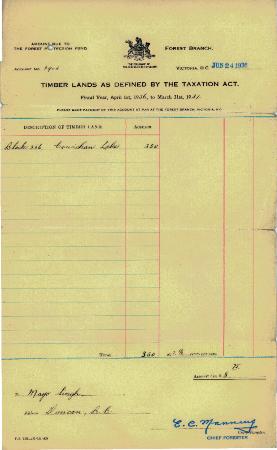 [Invoice from The Government of the Province of British Columbia, Forest Branch re: the Cowichan Lake timber land]