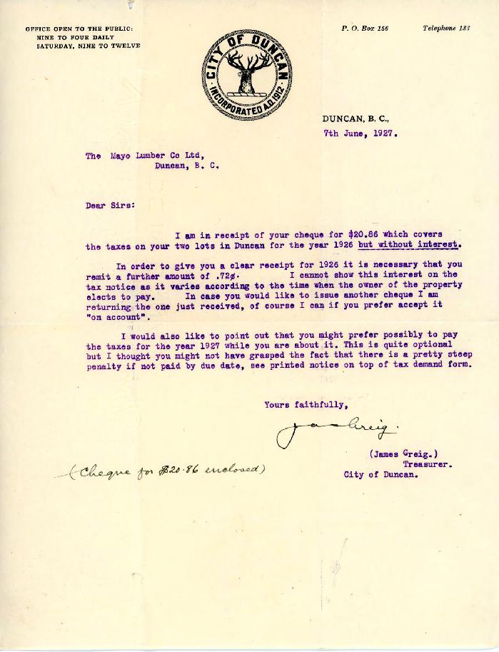 [Letter from James Greig, Treasurer, City of Duncan to Mayo Singh]