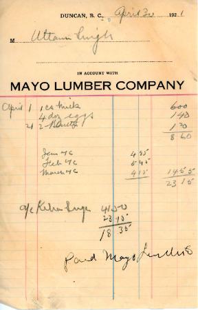 [Receipt from Mayo Lumber Company to Uttam Singh]