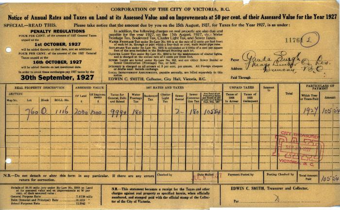 [Notice of Annual Rates and Taxes on Land,1927]