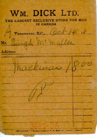 [Receipt from WM. Dick Ltd. to Singh McMullen