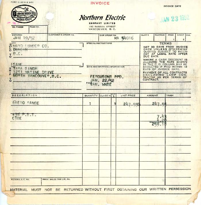 [Invoice from Northern Electric Company Limited to Mayo Lumber Co.]