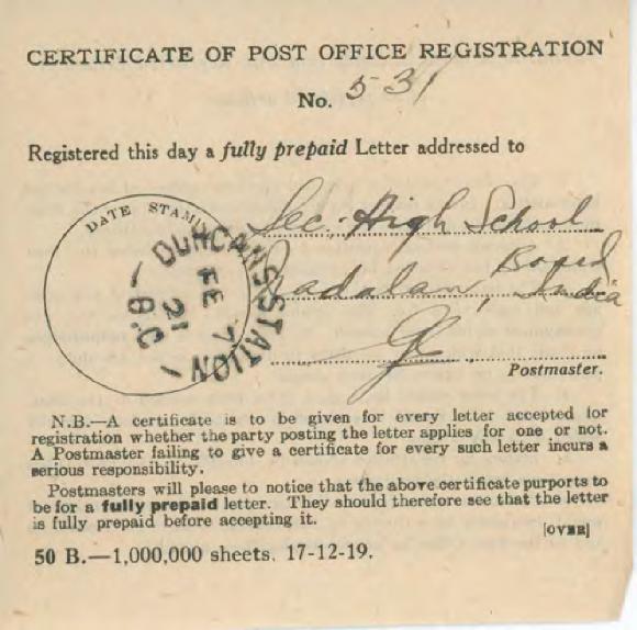 [Certificate of Post Office Registration]