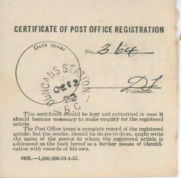 [Certificate of Post Office Registration]