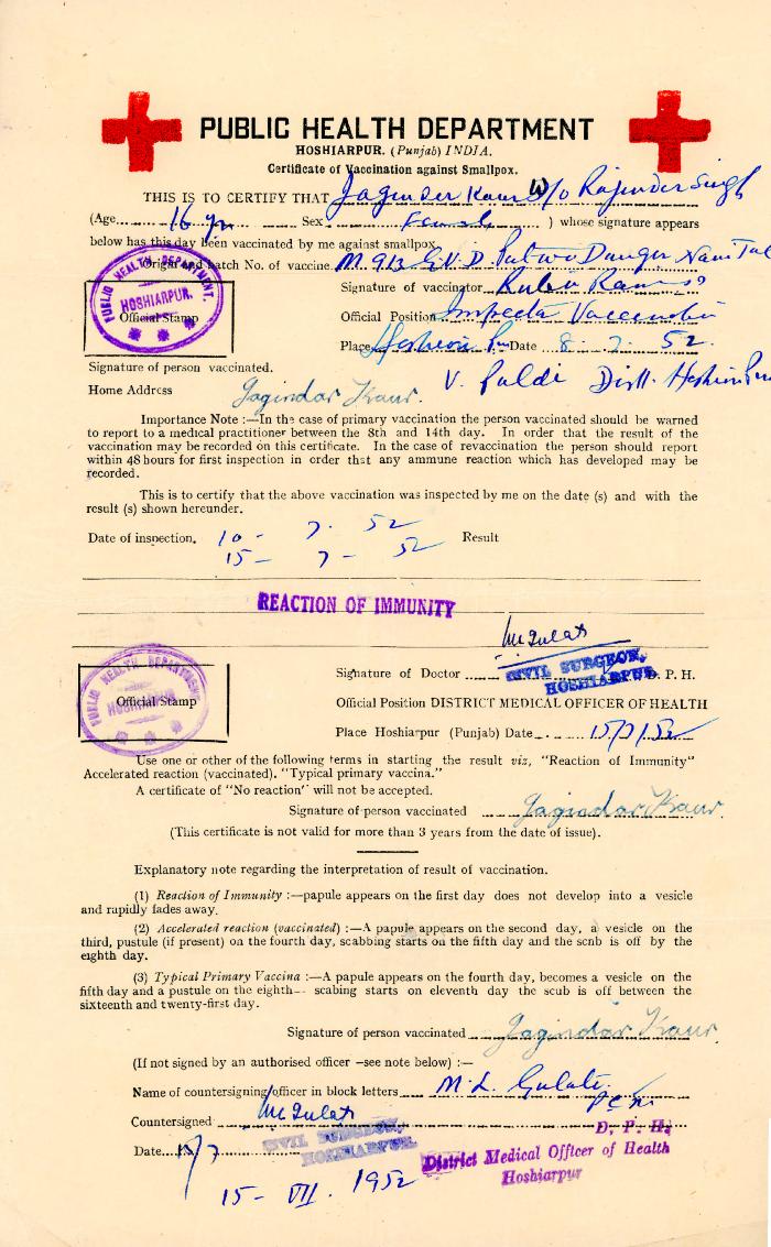 [Certificate of vaccination against smallpox of Jagindar Kaur]