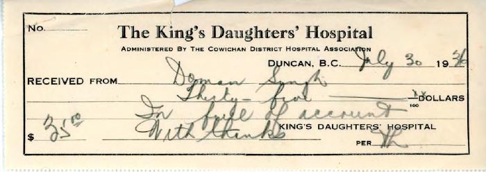 [Receipt from The King's Daughters' Hospital to Doman Singh]